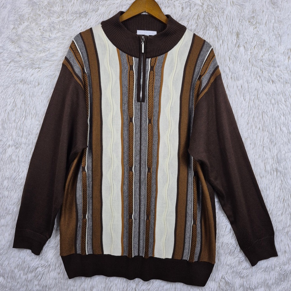 Vtg SilverSilk Mens 2XL 3D Knit Brown Striped Quarter Zip Sweater Grandpa Retro